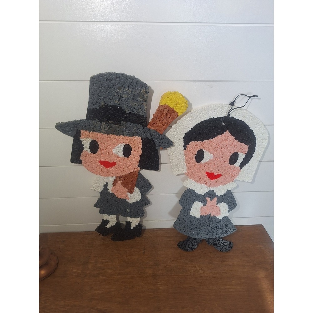Vintage popcorn Pilgrim boy and girl wall hangings